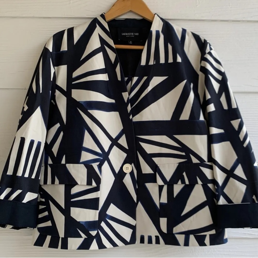 Lafayette 148 New York Blue Cream Blazer Jacket M One Button Cotton Blend